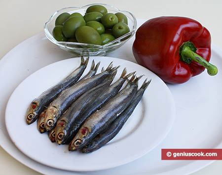 Ингредиенты для закуски из анчоусов с фаршированными оливками
