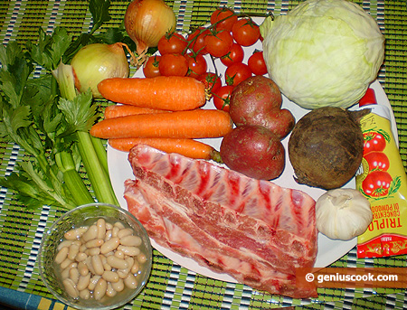 Ингредиенты для борща со свиными рёбрышками и фасолью