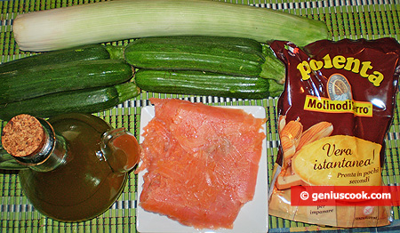 Ингредиенты для поленты с лососем, цуккини и пореем